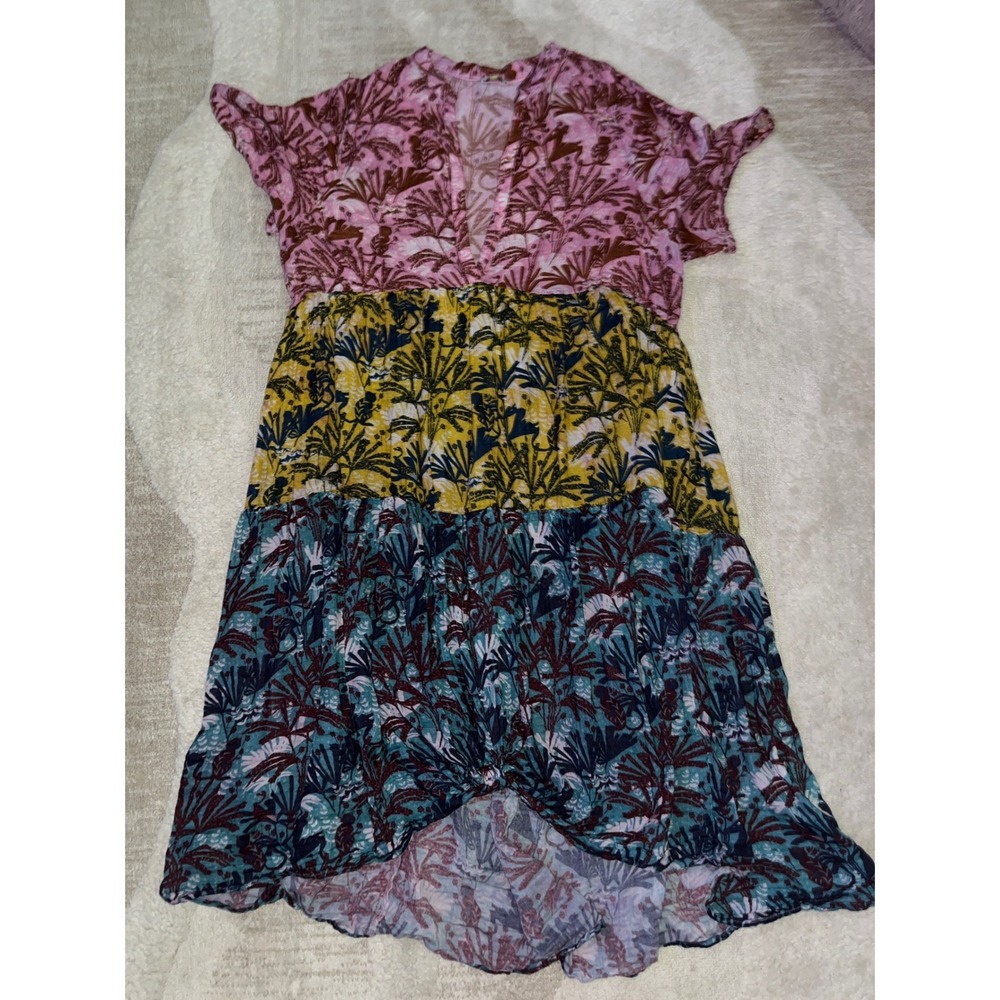 Celandine Women 3X Tropical Palm Print Tiered Maxi Dress Pink Yellow Teal V-Neck - Picture 3 of 6